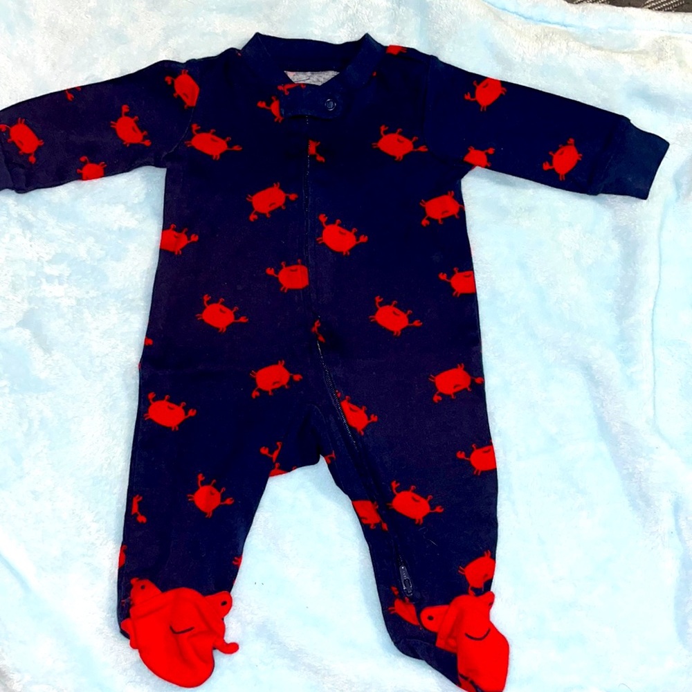 1pc navy blue footed onesie with red crabs